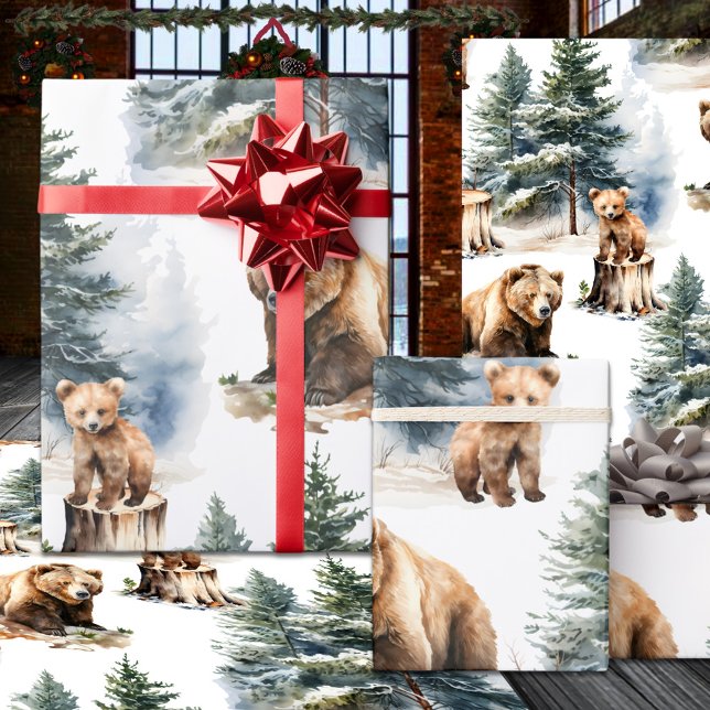 Papel De Regalo Winter Woodland Mother & Cub Grizzly Bear Country (Winter Woodland Mother & Cub Grizzly Bear Country Wrapping Paper Rolls)