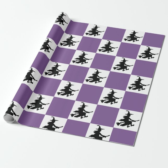 Papel De Regalo Witches on Purple & White Checkered Wrapping Paper (Desenrollado)