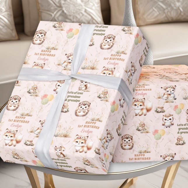 Papel De Regalo Woodland Animals Pastel Chica Nombre de cumpleaños (Woodland Animals Pastel Girl 1st or any Birthday custom Name Wrapping Paper)
