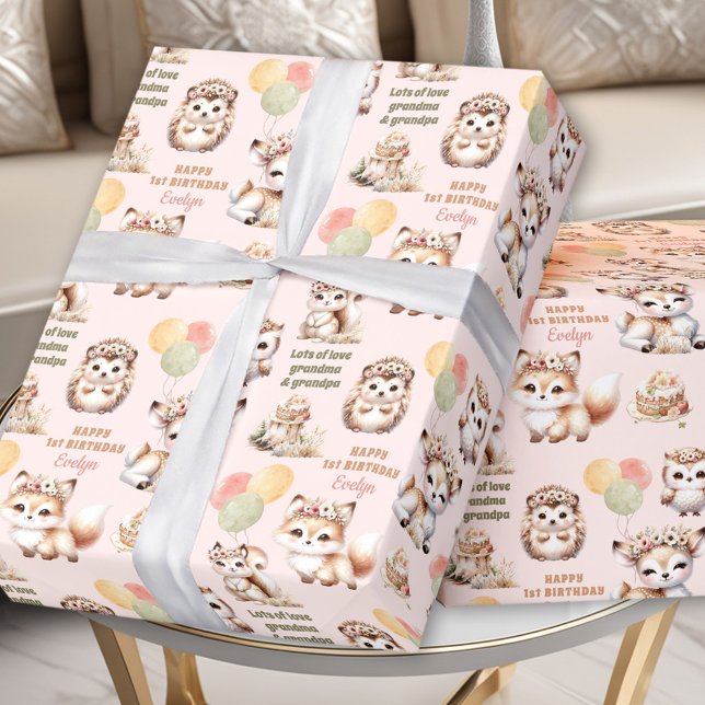 Papel De Regalo Woodland Animals Pastel Chica Primer Nacimiento (Woodland Animals Pastel Girl 1st Birthday Name Wrapping Paper)