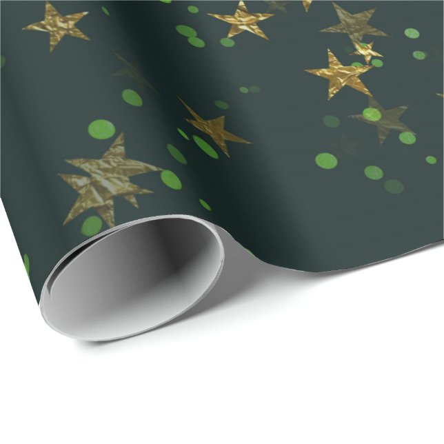 Papel De Regalo Woodland Cali Deep Green Stars Forest Gold (Esquina del rollo)