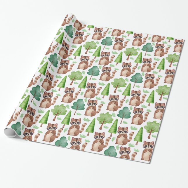 Papel De Regalo Woodland Cute Personalizado Raccoon Forest Animal (Desenrollado)
