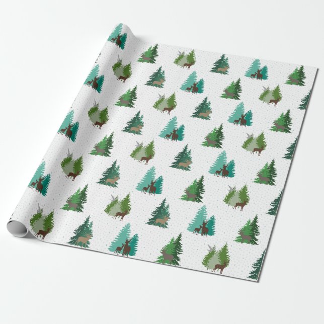 Papel De Regalo Woodland Deer and Pine Trees Pattern (Desenrollado)