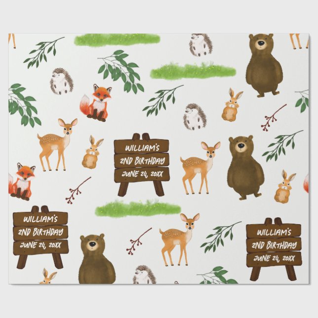 Papel De Regalo Woodland Deer Bear Rabbit Fox Hedgehog Birthday (Superficie plana)