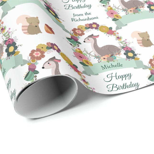 Papel De Regalo Woodland Deer Wreath feliz cumpleaños (Esquina del rollo)