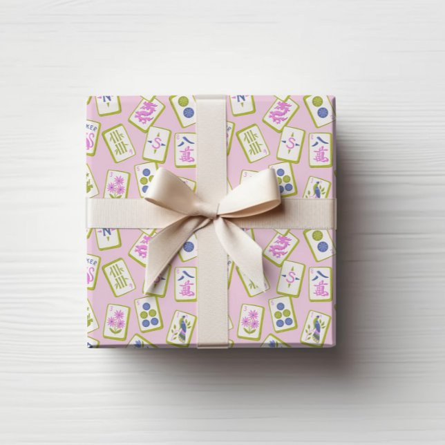 Papel De Regalo Wrapping Paper (Preppy hand drawn Mahjong Tiles tossed on a pastel pink background.)