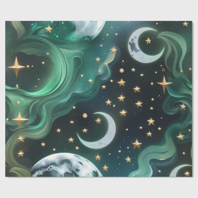 Papel De Regalo Wrapping Paper - Emerald Green Celestial Moon (Superficie plana)