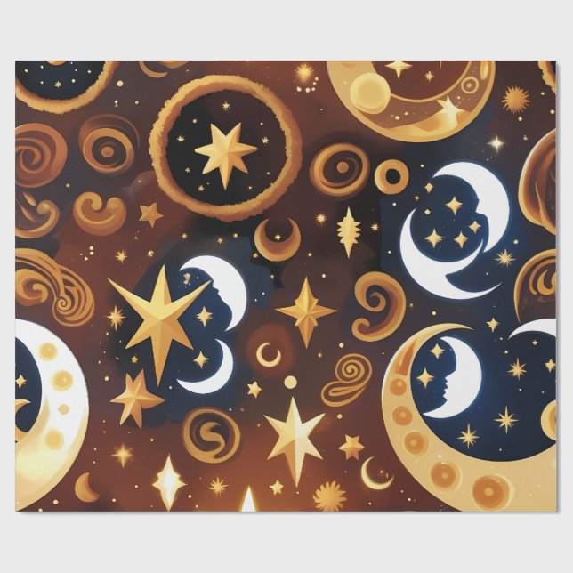 Papel De Regalo Wrapping Paper -Golden Ochre Celestial Moon Patten (Superficie plana)