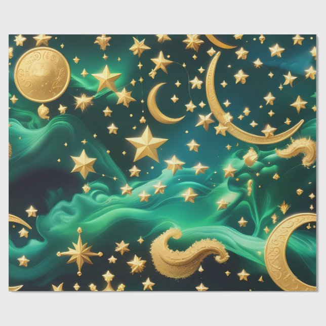 Papel De Regalo Wrapping Paper – Luxury Emerald Celestial Moon  (Superficie plana)