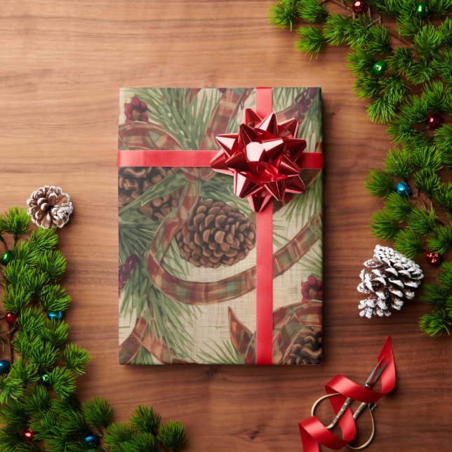 Papel De Regalo Wrapping Paper Rustic Pinecone Holiday Ribbon (Regalo de vacaciones)