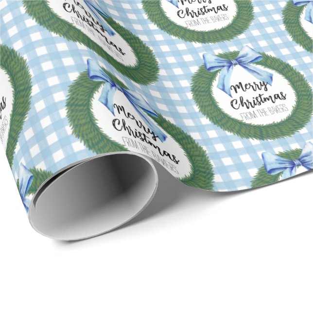 Papel De Regalo Wreath acuarela con Navidades de arco azul (Esquina del rollo)