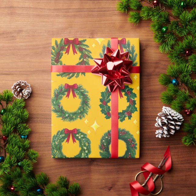 Papel De Regalo Wreath de Navidades amarillos (Regalo de vacaciones)