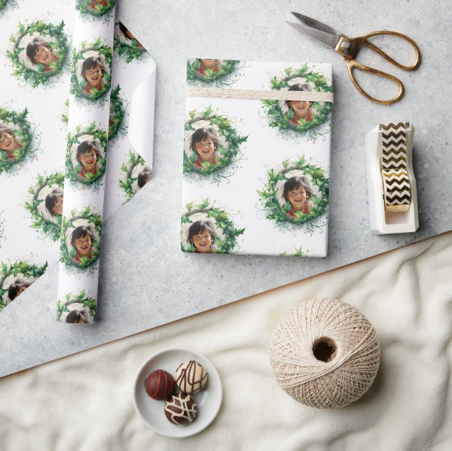 Papel De Regalo Wreath de Navidades fotográficos personalizados (Artesanía)