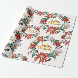 Papel De Regalo Wreath floral Gold Merry Christmas con Poinsettia