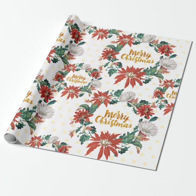 Papel De Regalo Wreath floral Gold Merry Christmas con Poinsettia (Desenrollado)
