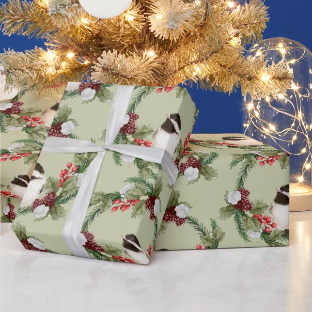 Papel De Regalo Wreath, Navidades de pájaros acuarelas (Vacaciones)