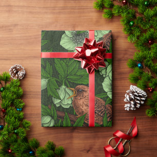 Papel De Regalo Wren y hellebore en verde oscuro