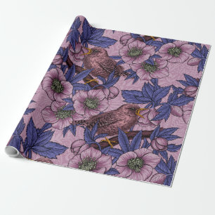 Papel De Regalo Wren y hellebore, rosa y violeta