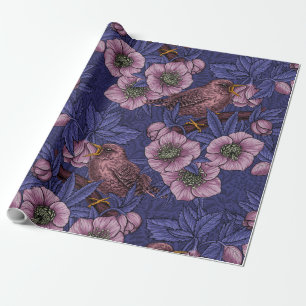 Papel De Regalo Wren y hellebore, violeta y rosa