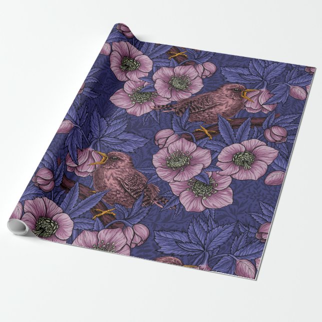 Papel De Regalo Wren y hellebore, violeta y rosa (Desenrollado)