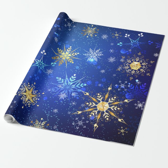 Papel De Regalo XMAS Blue Background with Golden Snowflakes (Desenrollado)