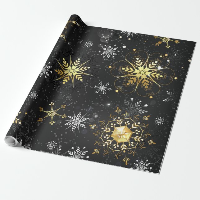 Papel De Regalo Xmas copos de nieve dorados sobre fondo negro (Desenrollado)