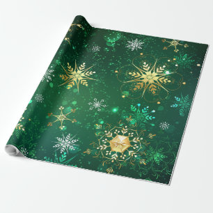 Papel De Regalo Xmas copos de nieve dorados sobre fondo verde