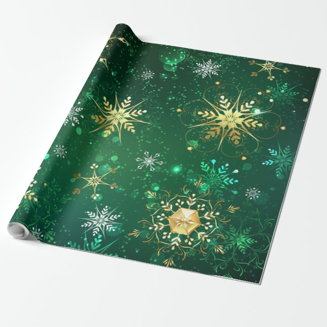Papel De Regalo Xmas copos de nieve dorados sobre fondo verde (Desenrollado)