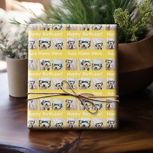 Papel De Regalo Yellow Happy Birday Name 6 Square Collage de fotos (Personalized Birthday Photo Wrapping Paper)