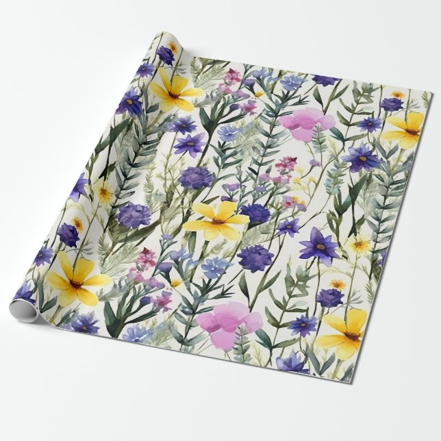 Papel De Regalo Yellow Purple Wildflower Floral Garden Pattern (Desenrollado)