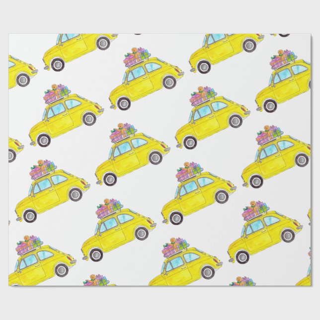 Papel De Regalo Yellow Retro Fiat 500 Navidades Regalos (Superficie plana)
