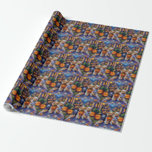 Papel De Regalo Yorkipoo pidiendo dulces con disfraces de Hallowee
