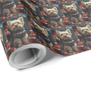 Papel De Regalo Yorkshire Terrier con regalos de Navidad chimenea