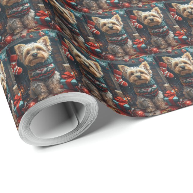 Papel De Regalo Yorkshire Terrier con regalos de Navidad chimenea (Esquina del rollo)