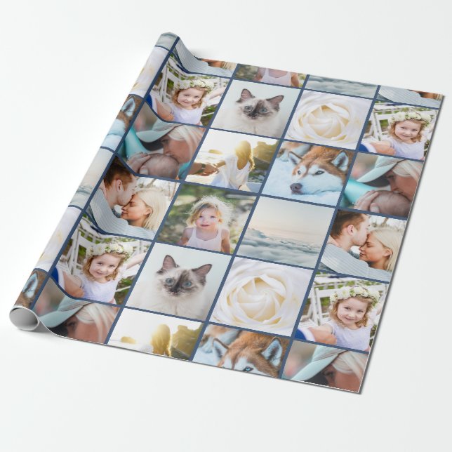 Papel De Regalo Your Photo Custom Grid Collage Navy Blue (Desenrollado)