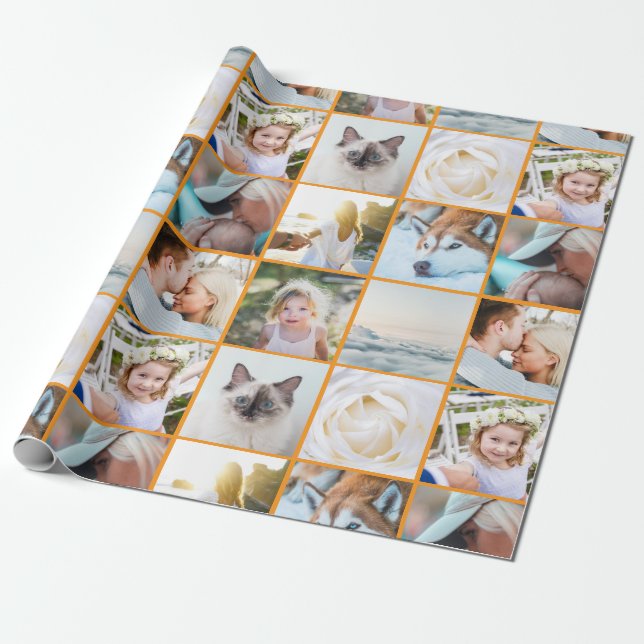 Papel De Regalo Your Photo Custom Grid Collage Orange (Desenrollado)