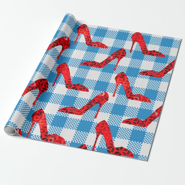 Papel De Regalo zapatillas de rubí azul gingham (Desenrollado)