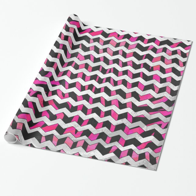 Papel De Regalo Zebra Chevron negro y rosa caliente (Desenrollado)
