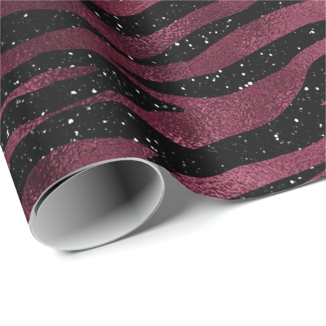 Papel De Regalo Zebra Stripes Black Marsala Purpurina Burgundy Gla (Esquina del rollo)