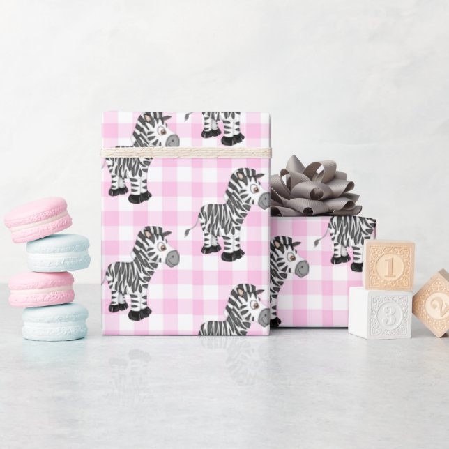 Papel De Regalo Zebras En Pink Gingham (Baby Shower)