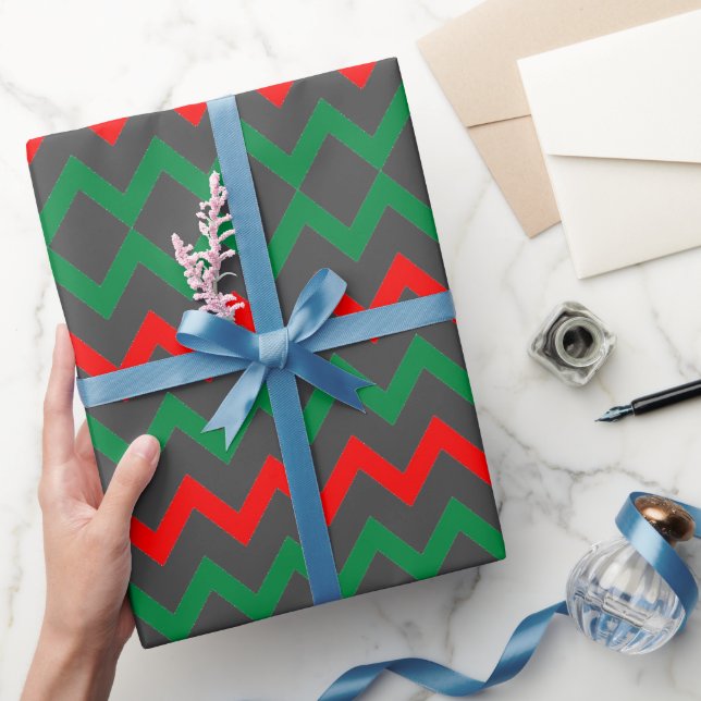 Papel De Regalo ZigZag gris verde rojo (Regalar)