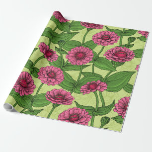 Papel De Regalo Zinnia rosadas sobre verde claro