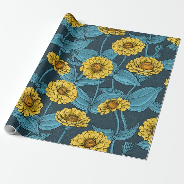 Papel De Regalo Zinnias amarillas en azul oscuro (Desenrollado)