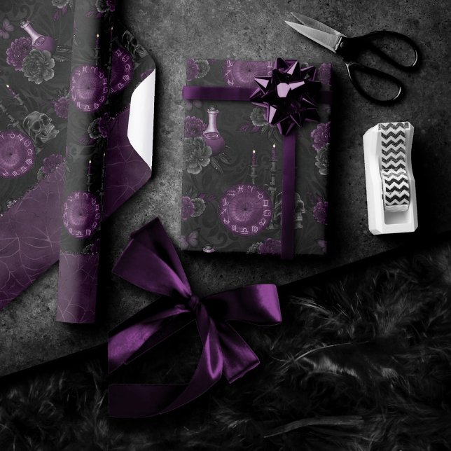 Papel De Regalo Zodiac Magic | Rosas de cráneo gótico de ciruela m (Subido por el creador)