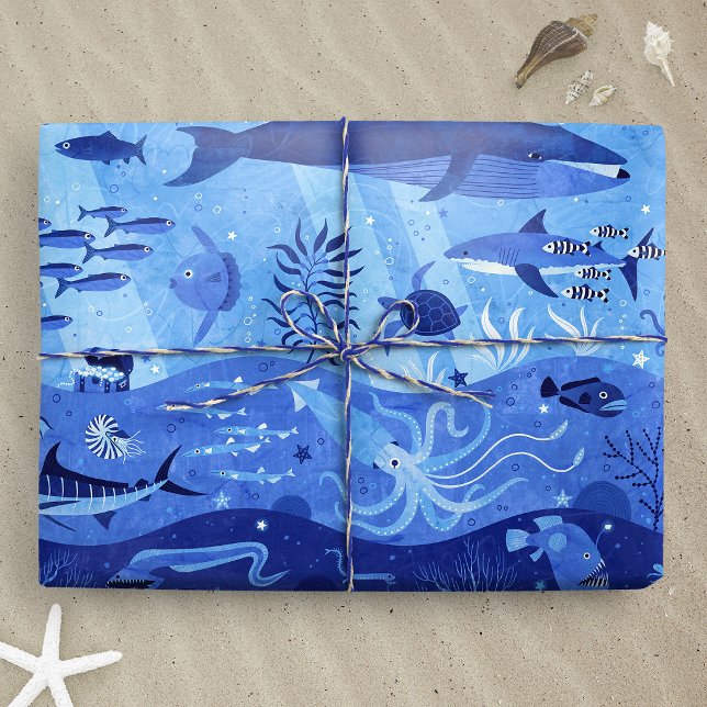 Papel De Regalo Zonas de Profundidad del Océano - Animales Submari (Ocean Depth Zones - Undersea Animals L wrapping paper gift mockup)