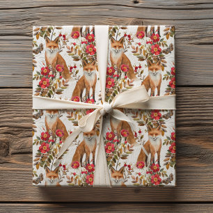 Papel De Regalo Zorro del bosque en acuarela Flor silvestre roja O