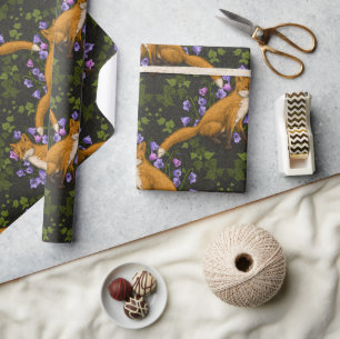 Papel De Regalo Zorro, flores de vientre y hiedra, verde, naranja