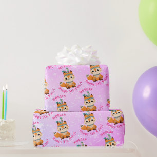 Papel De Regalo Zorro indio lindo, nombre y cumpleaños, rosa pálid