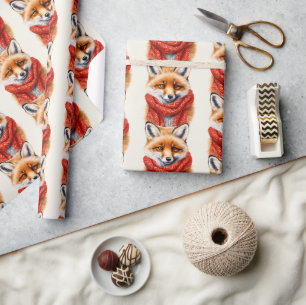 Papel De Regalo Zorro lindo con una bufanda roja Patrón de otoño