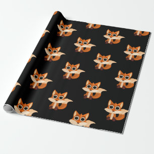 Papel De Regalo Zorro Sentado Adorable sobre Fondo Negro Adorabl